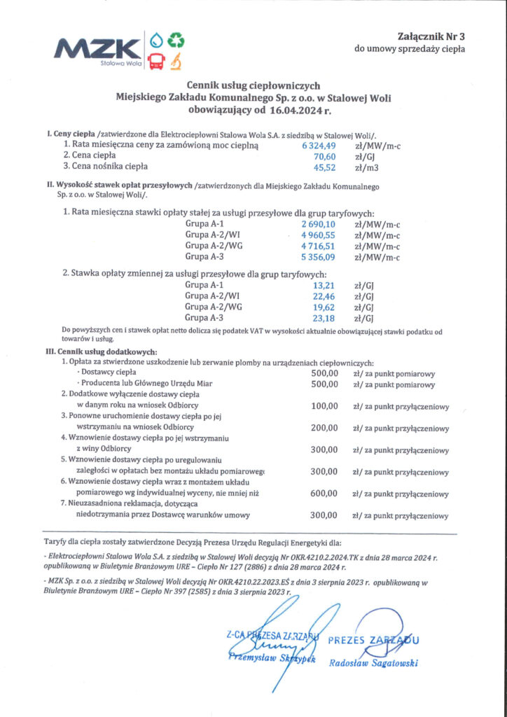 MZK cennik usług ciepłowniczych 02.04.2024r